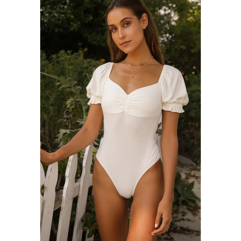 Lulu's Romantic Inclination Ivory Ribbed Knit Puff Sleeve Bodysuit